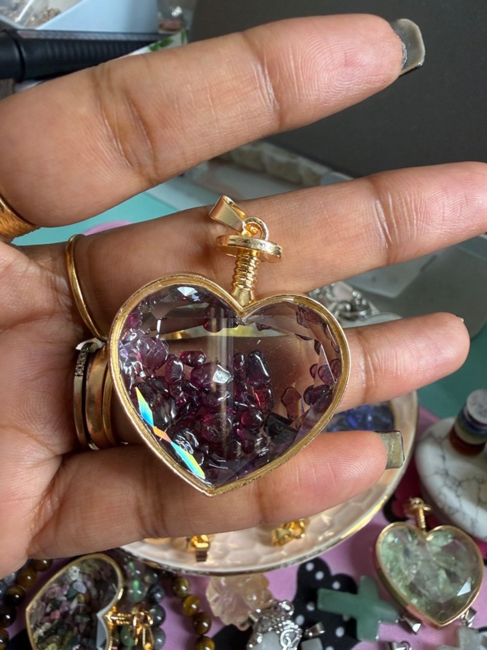 Gold Heart Locket Pendant with garnet Gem Chips